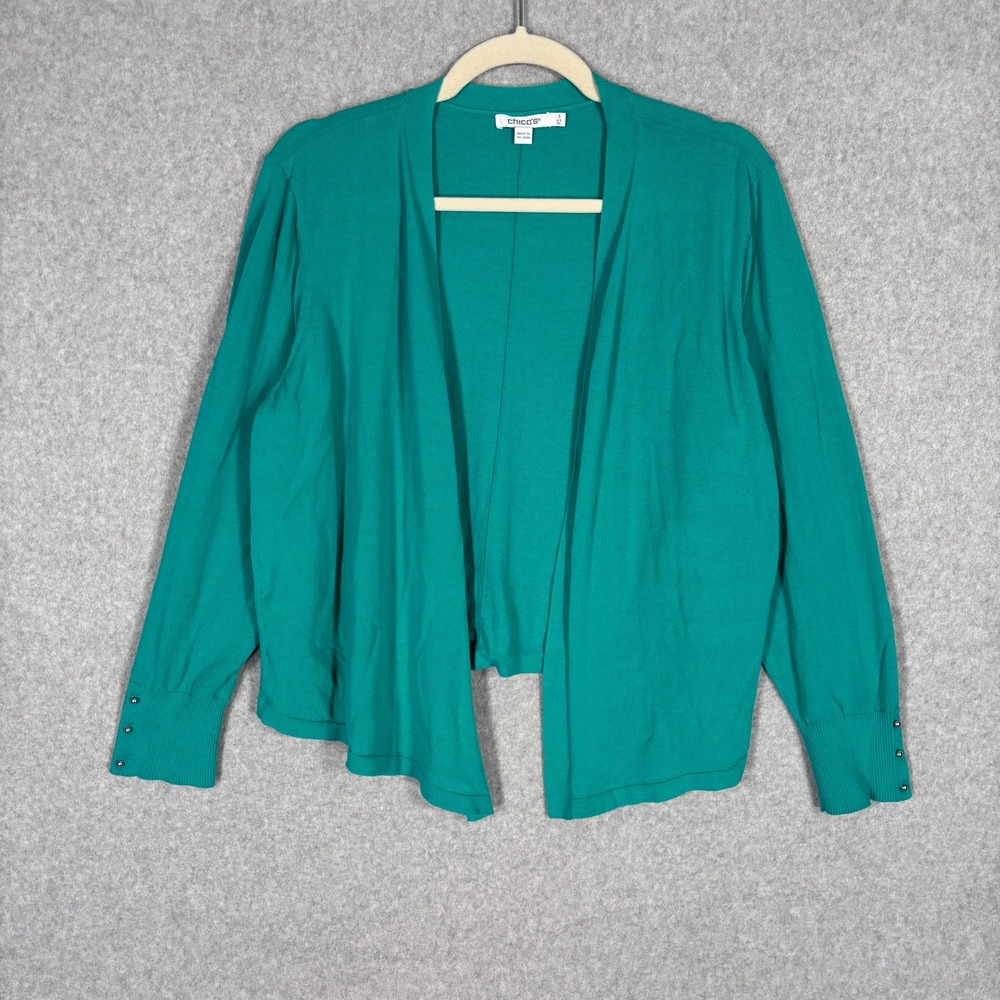 Chicos Cardigan Sweater XL Teal Green‎ Open Front Thin Cotton Drape Classic Twee
